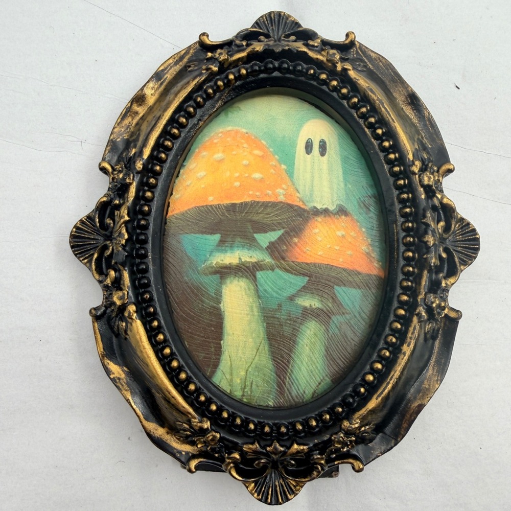 Ghost and Mushrooms Original Art Print Ornate Black Gold Oval Frame 4.75"